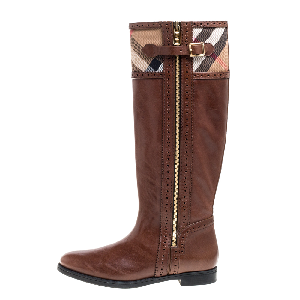 

Burberry Brown Leather and Nova Check Canvas Bridle Brogue Knee High Boots Size