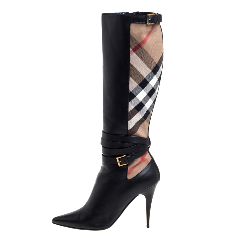 

Burberry Black Leather and Novacheck Canvas Bridle Knee Boots Size