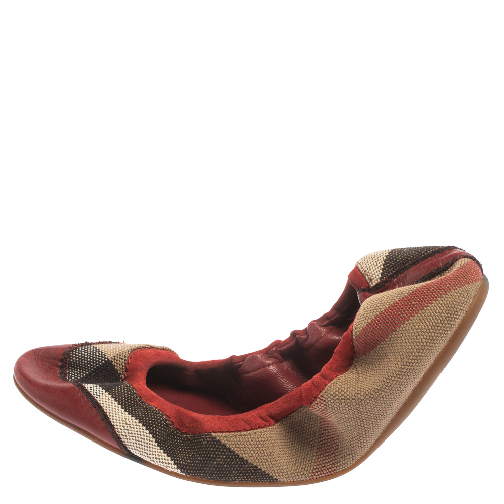 

Burberry Beige House Check Canvas And Leather Scrunch Ballet Flats Size, Burgundy