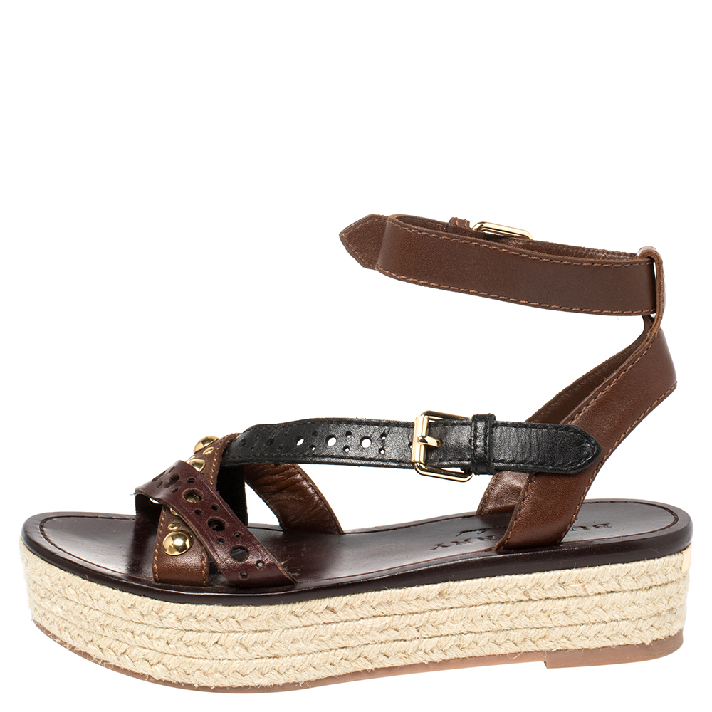 

Burberry Brown Leather Perforated And Studded Espadrille Sandals Size