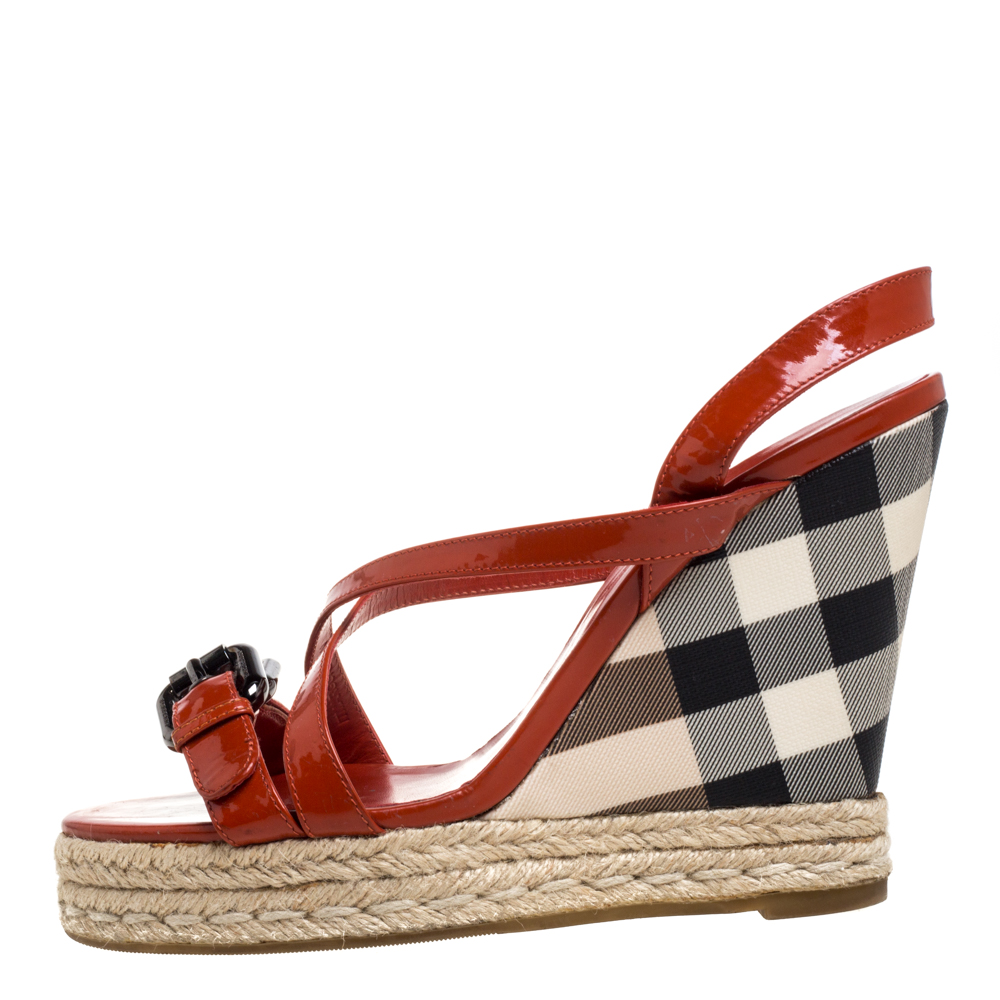 

Burberry Burnt Orange Patent Leather and PVC Check Heel Wedge Sandals Size