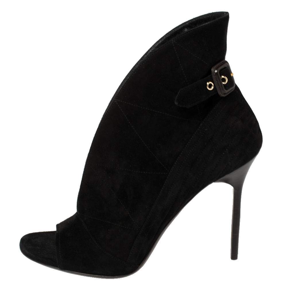 

Burberry Black Suede V Neck Peep Toe Booties Size