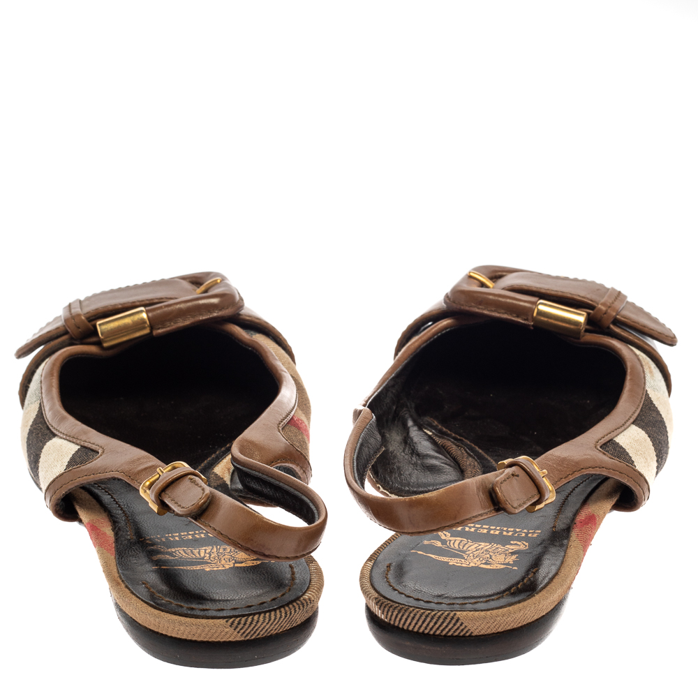 Pre Owned Burberry Brown Nova Check Canvas and Leather Buckle Belt Slingback Flats Size 38