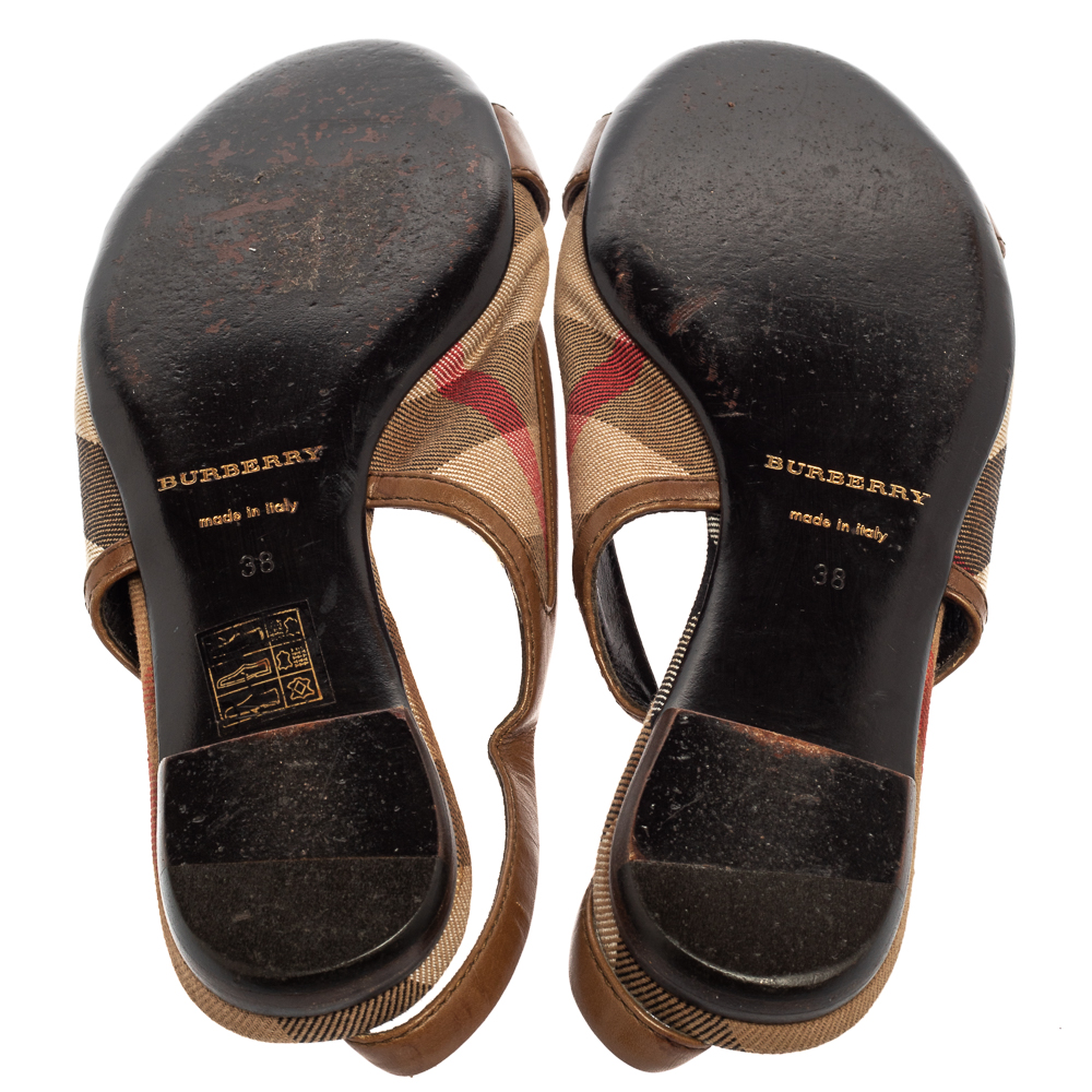Pre Owned Burberry Brown Nova Check Canvas and Leather Buckle Belt Slingback Flats Size 38