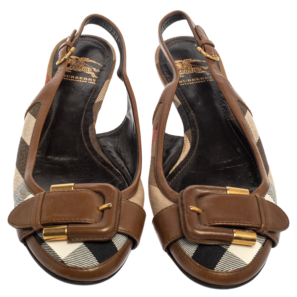 Pre Owned Burberry Brown Nova Check Canvas and Leather Buckle Belt Slingback Flats Size 38