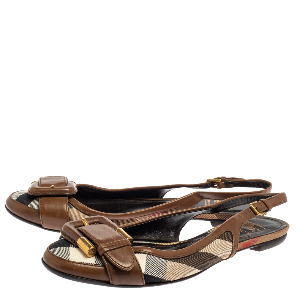 Pre Owned Burberry Brown Nova Check Canvas and Leather Buckle Belt Slingback Flats Size 38