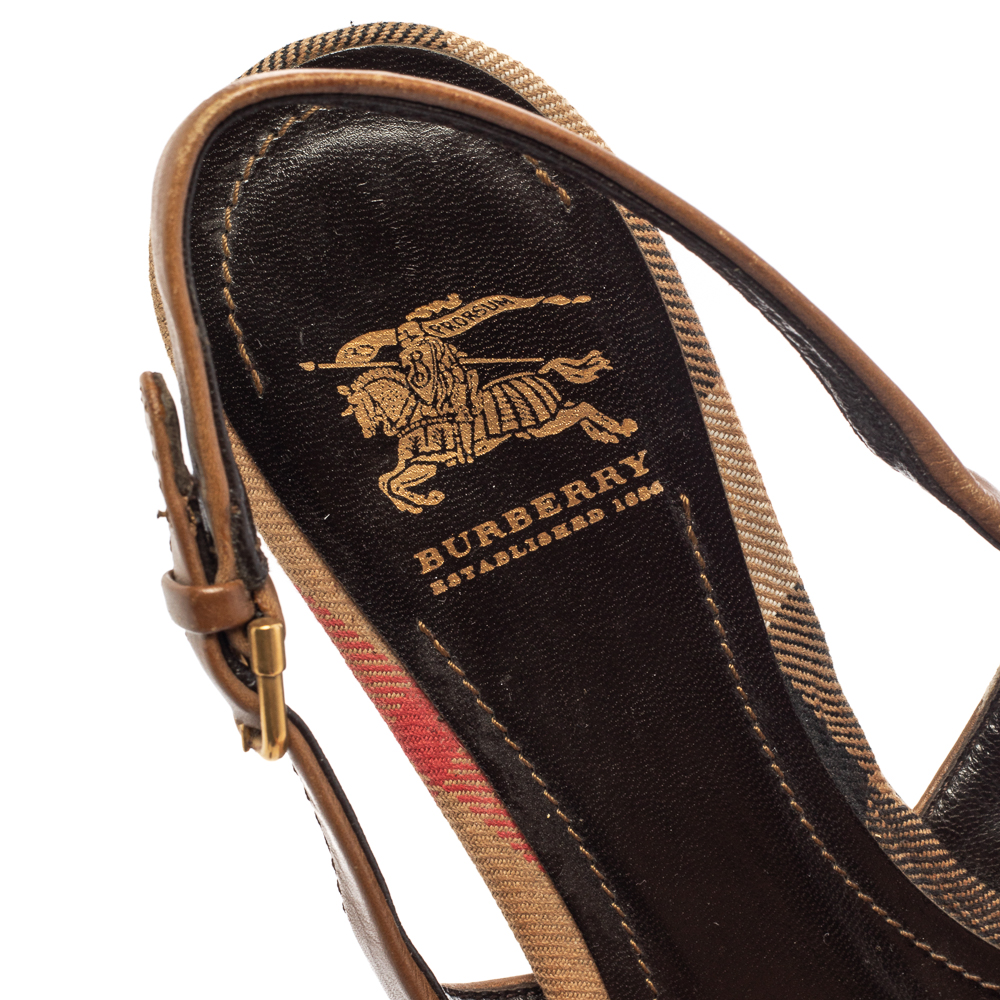 Pre Owned Burberry Brown Nova Check Canvas and Leather Buckle Belt Slingback Flats Size 38