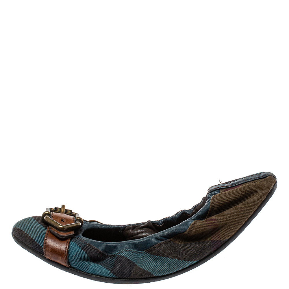 

Burberry Multicolor Check Canvas And Leather Buckle Scrunch Ballet Flats Size