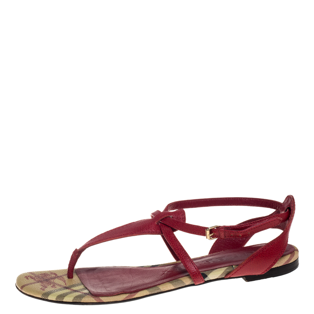 

Burberry Red Leather T Strap Thong Flat Sandals Size
