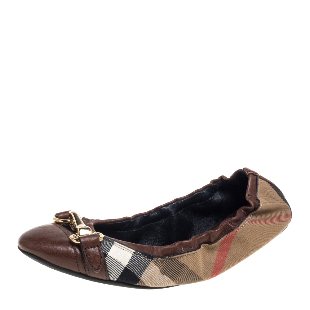 Pre-owned Burberry Brown/beige Leather And Nova Check Canvas Scrunch Ballet Flats Size 38