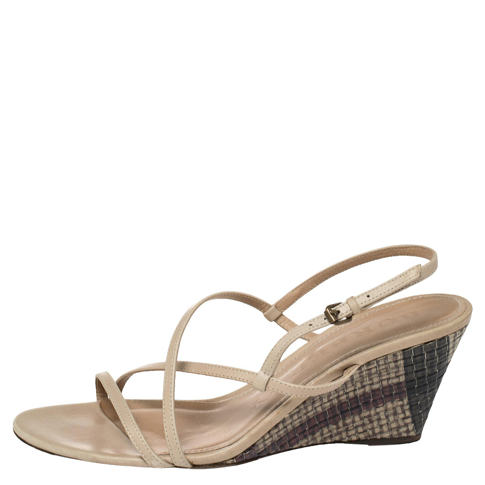 

Burberry Beige Leather Wedge Ankle Strap Sandals Size