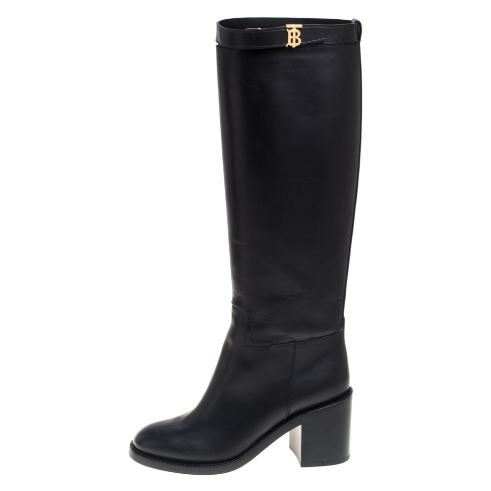 

Burberry Black Leather Logo Buckle Embellished Knee High Boots Size