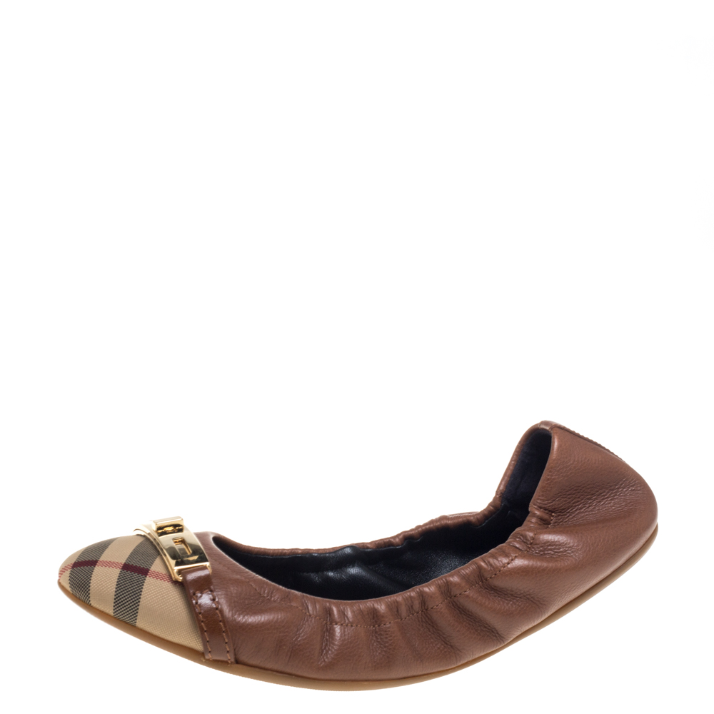 Pre-owned Burberry Brown Leather And Nova Check Canvas Drayton Twistlock Scrunch Ballet Flats Size 37.5