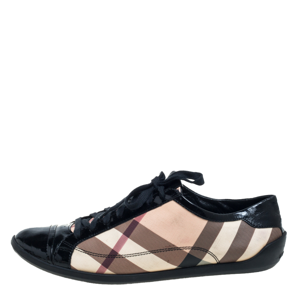 

Burberry Black Patent Leather And Nova Check Coated Canvas Cap Toe Sneakers Size