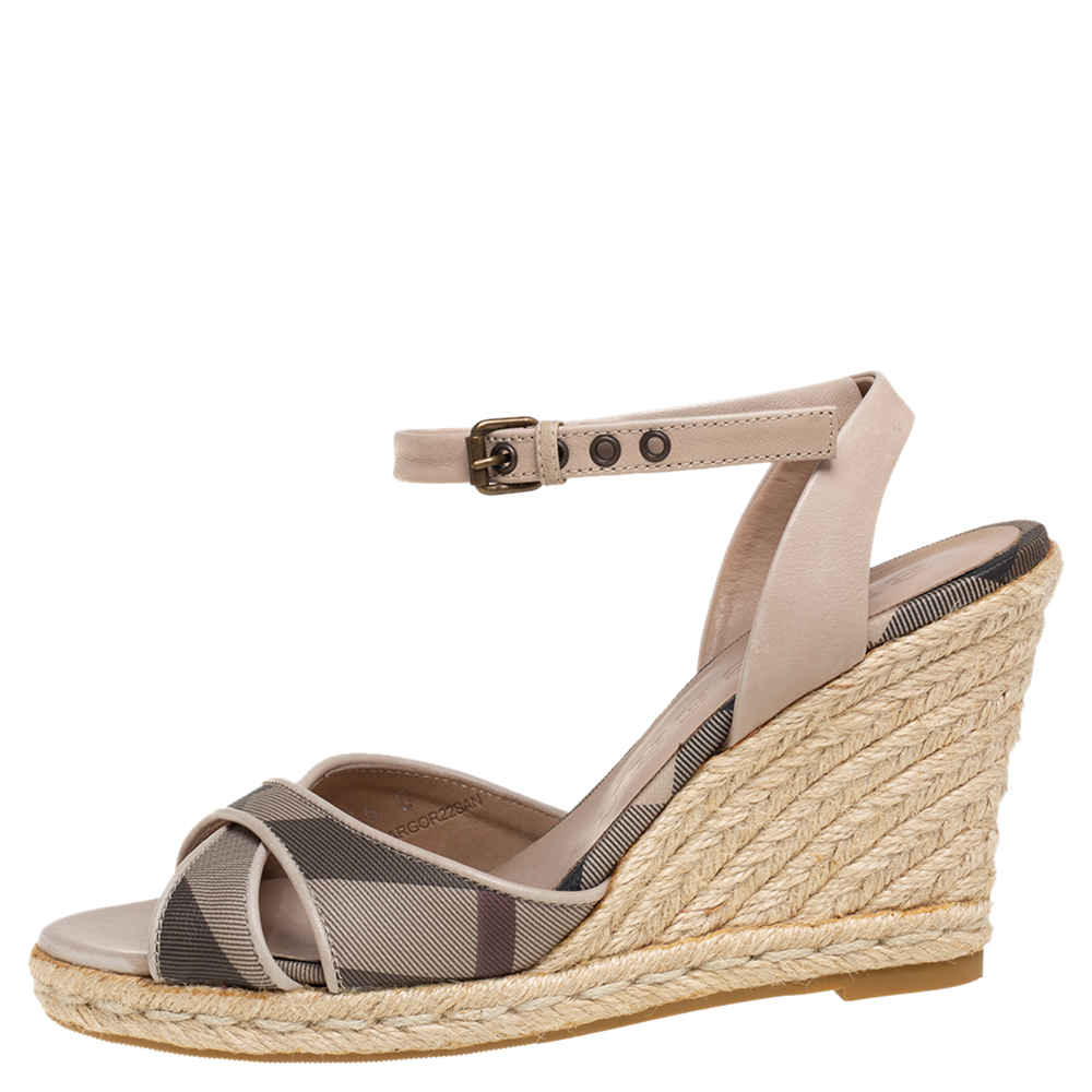 

Burberry Beige/Black Coated Canvas And Leather Ankle Strap Espadrille Wedges Sandals Size