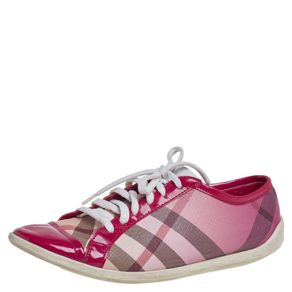 Pre-owned Burberry Pink Nova Check Canvas And Patent Leather Low Top Sneakers Size 38