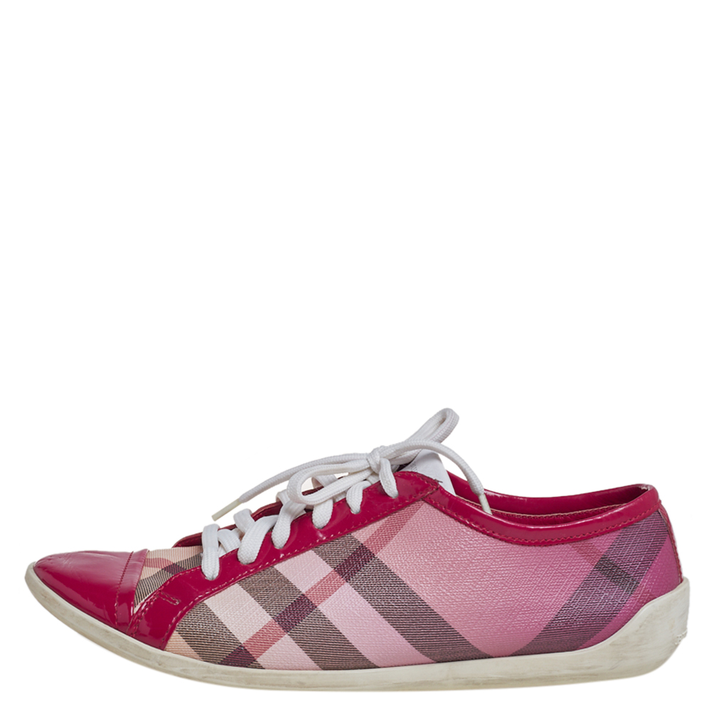 

Burberry Pink Nova Check Canvas And Patent Leather Low Top Sneakers Size