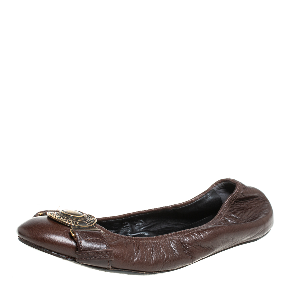 Pre-owned Burberry Brown Leather Embellished Ballet Flats Size 39