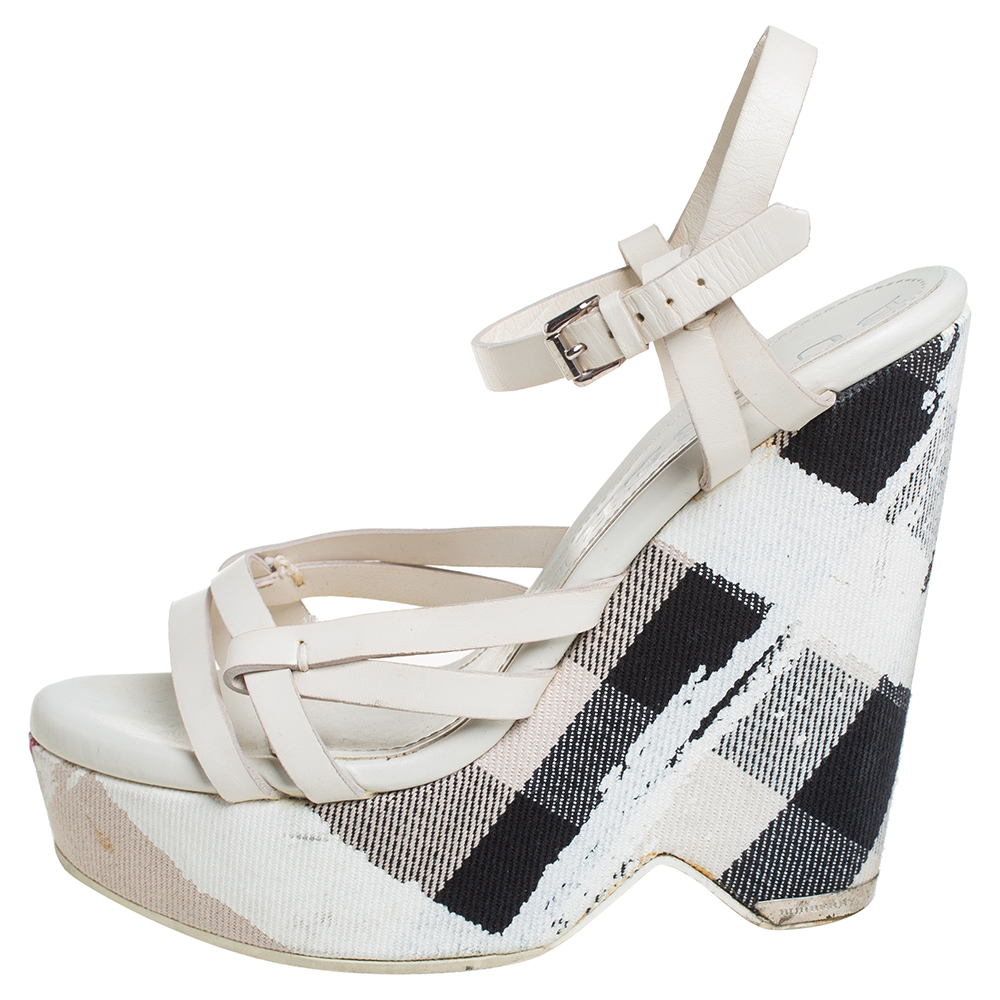 

Burberry White Leather And Canvas Strappy Wedge Platform Ankle Strap Sandals Size