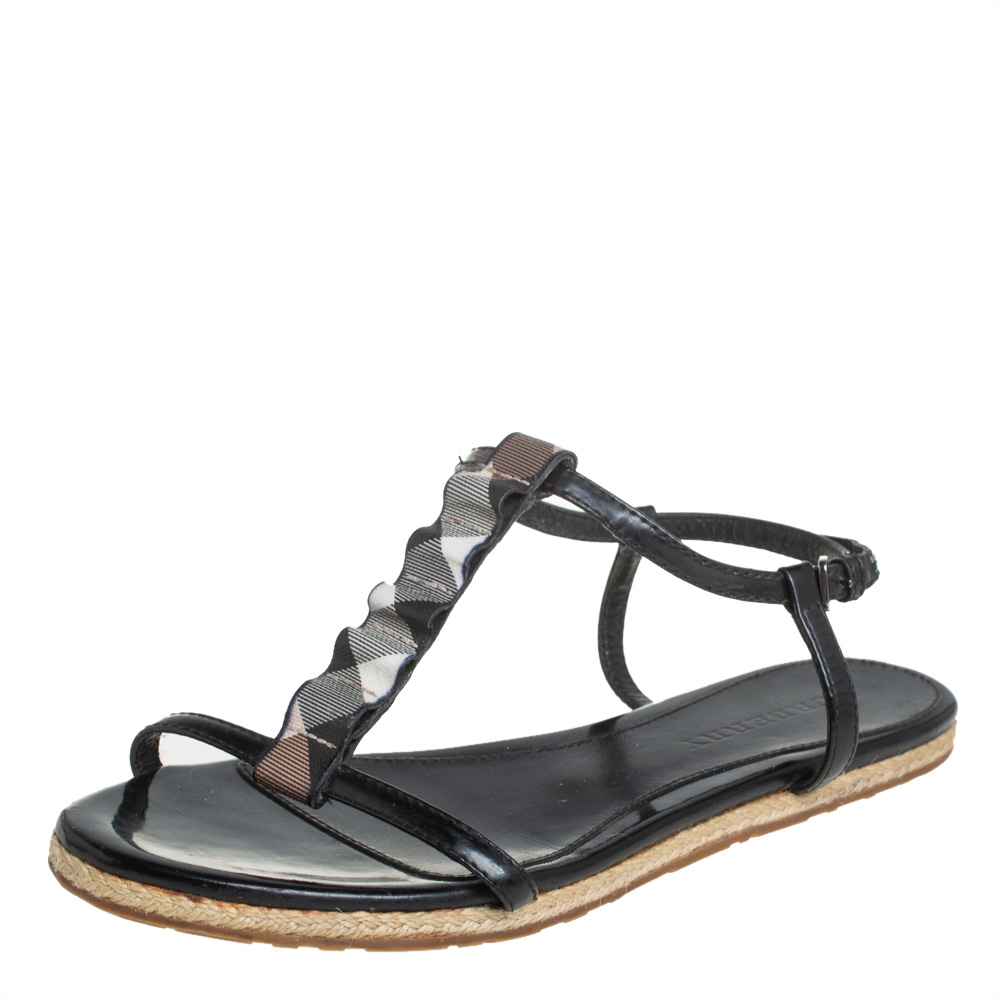 Pre-owned Burberry Black Leather Westerdale T Strap Espadrille Flat Sandals Size 40