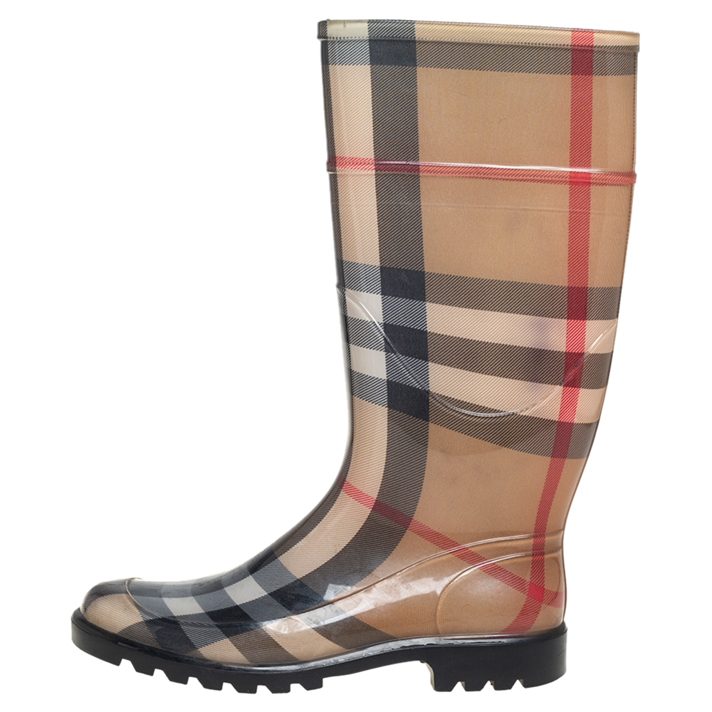 

Burberry Beige Nova Check Rubber Knee Length Boots Size