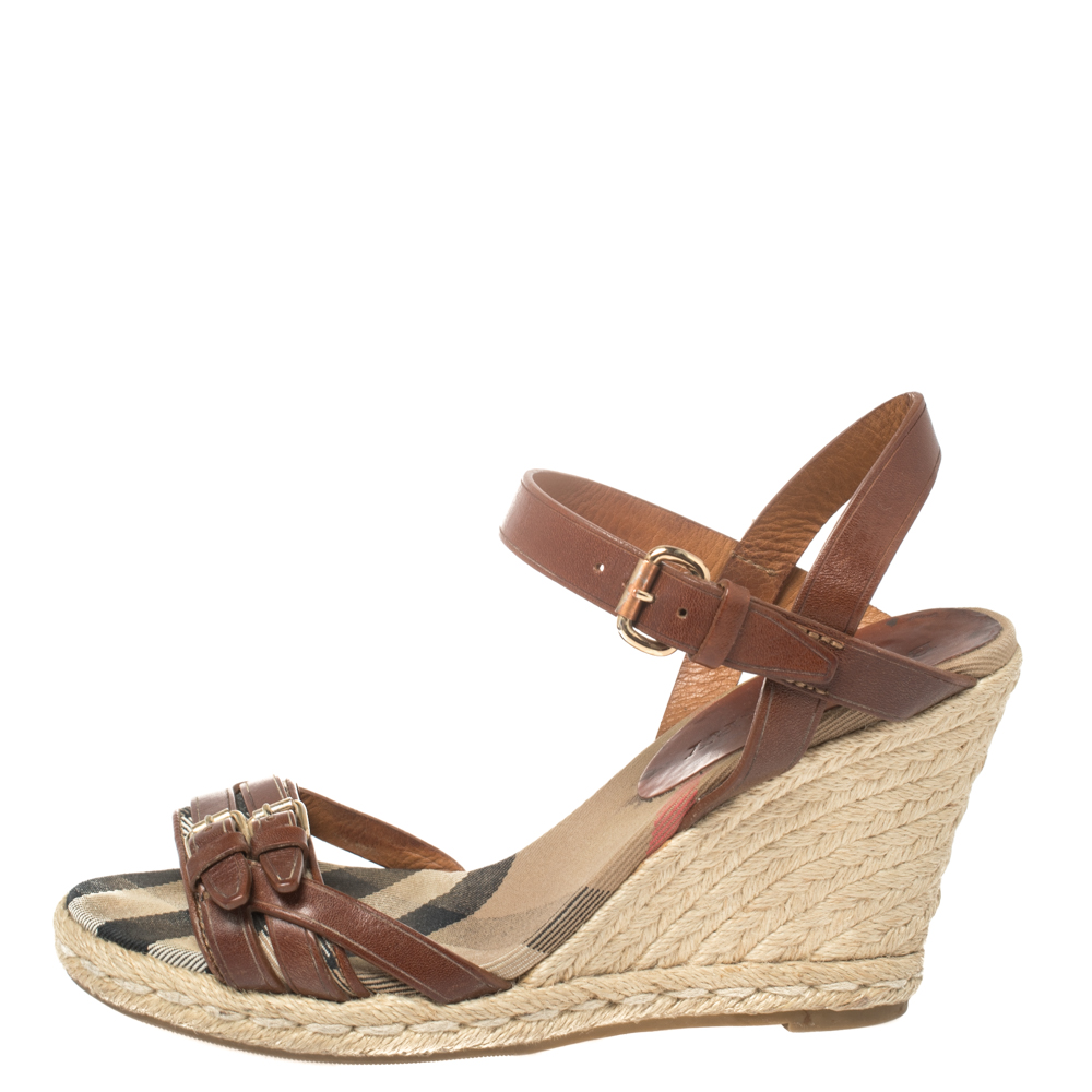 

Burberry Brown Leather Buckle Detailed Espadrille Wedge Ankle Strap Sandals Size