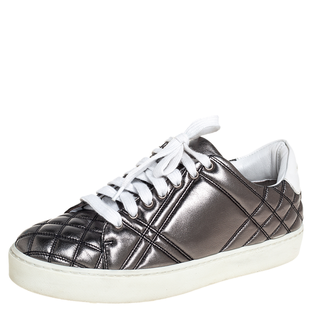 Pre-owned Burberry Metallic Gunmetal Quilted Leather Westford Low Top Sneakers Size 37