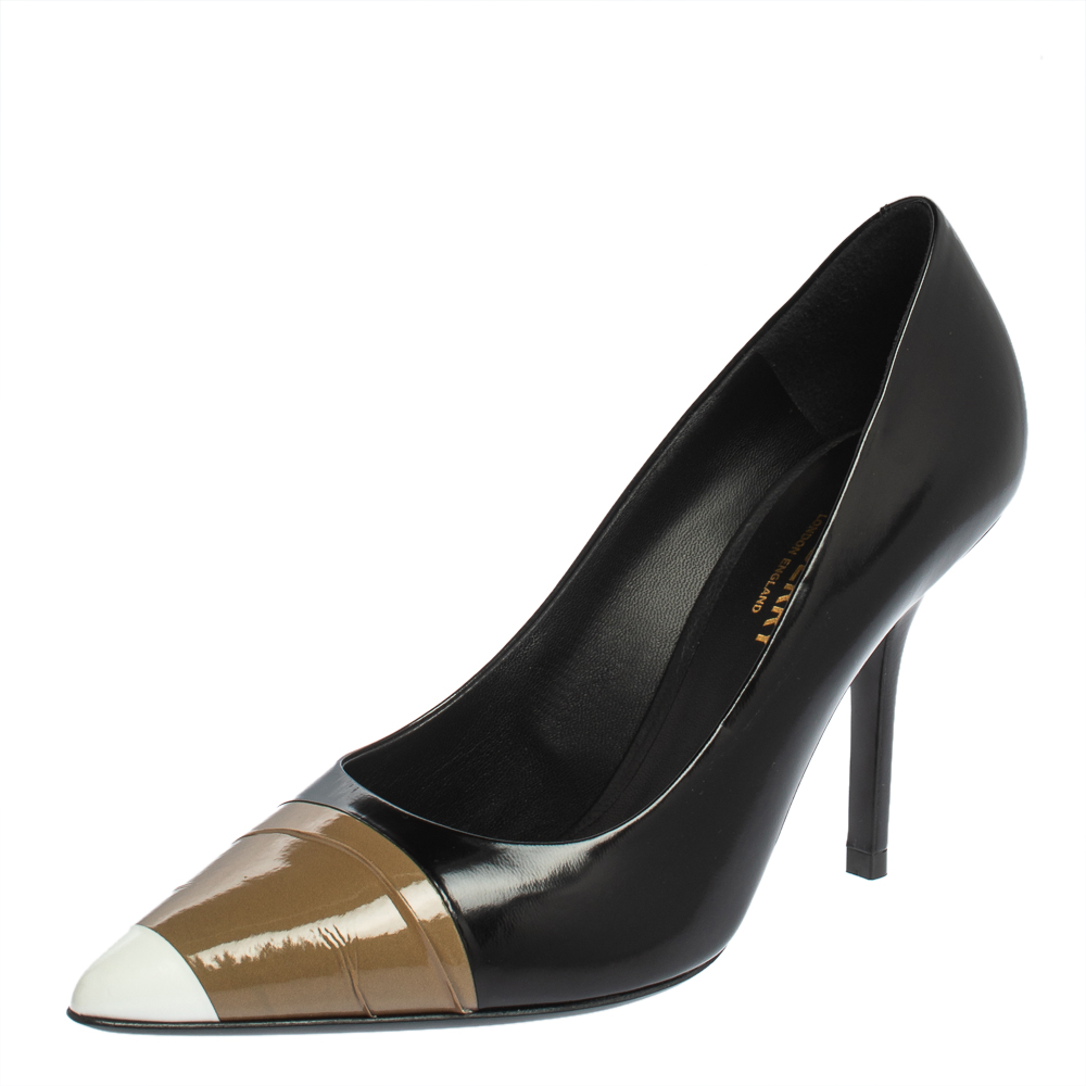 Pre-owned Burberry Black/brown Leather And Patent Leather Pointed Toe Annalise Pumps Size 37