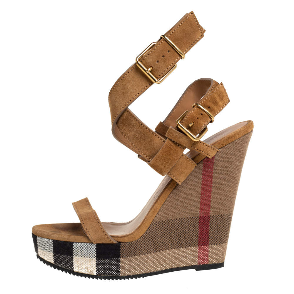 

Burberry Brown Suede Criss Cross Strappy Platform Ankle Strap Sandals Size