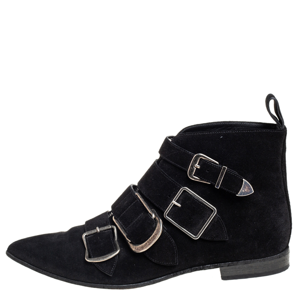 

Burberry Black Suede Milner Buckle Detail Ankle Boots Size