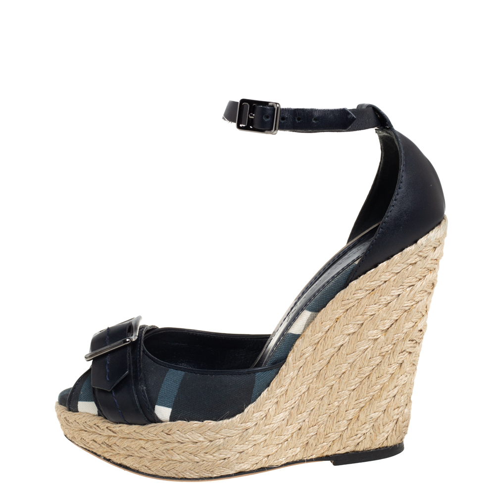 

Burberry Black Leather And Canvas Espadrille Wedge Sandals Size