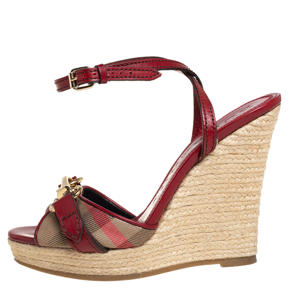 

Burberry Red Leather And House Check Canvas Tenbury Ankle Strap Wedge Platform Sandals Size