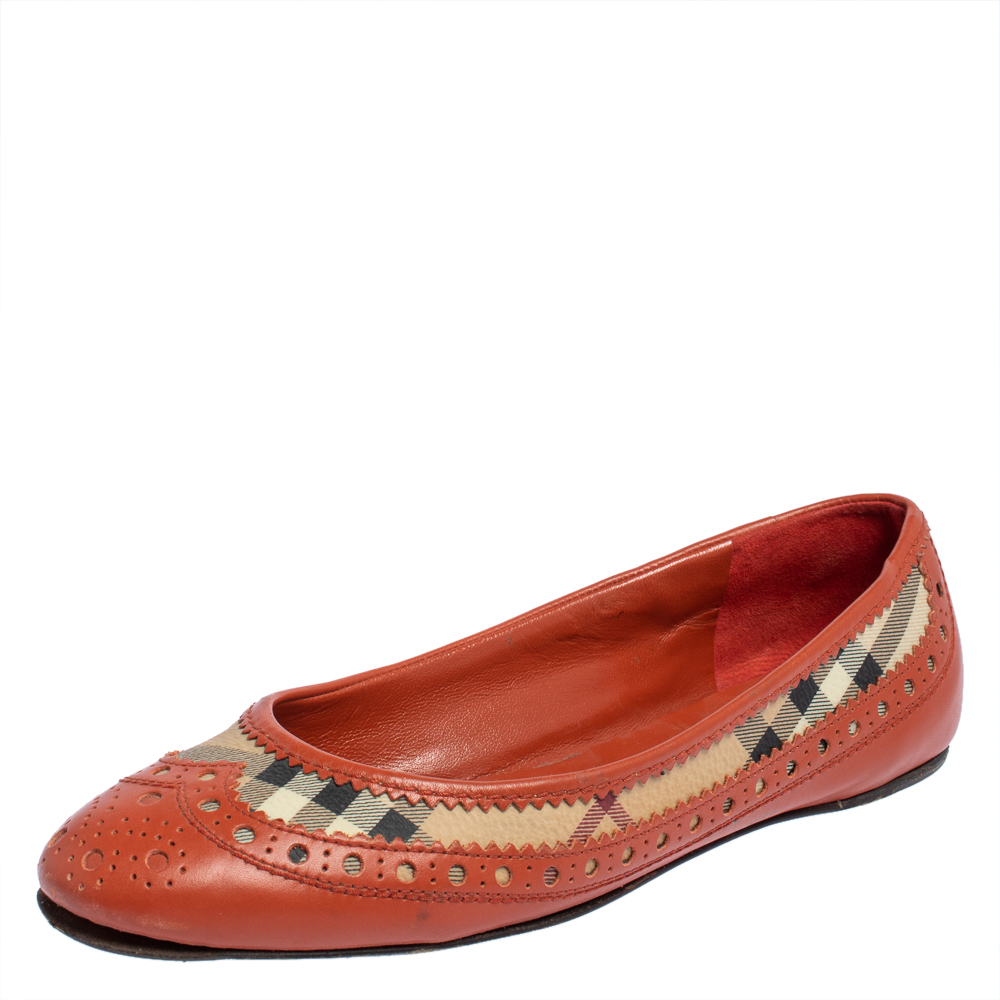 Pre-owned Burberry Orange Brogue Leather And Haymarket Check Canvas Tudor Ballet Flats Size 36
