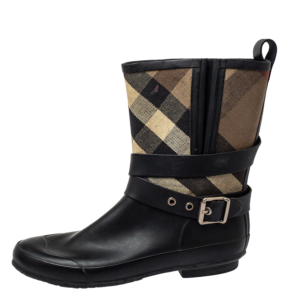 

Burberry Beige/Black Check Canvas And Rubber Midcalf Boots Size