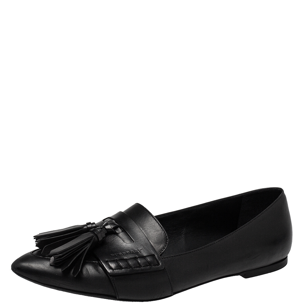 Pre-owned Burberry Black Leather Coledale Tassel Pointed Toe Penny Loafers Size 40