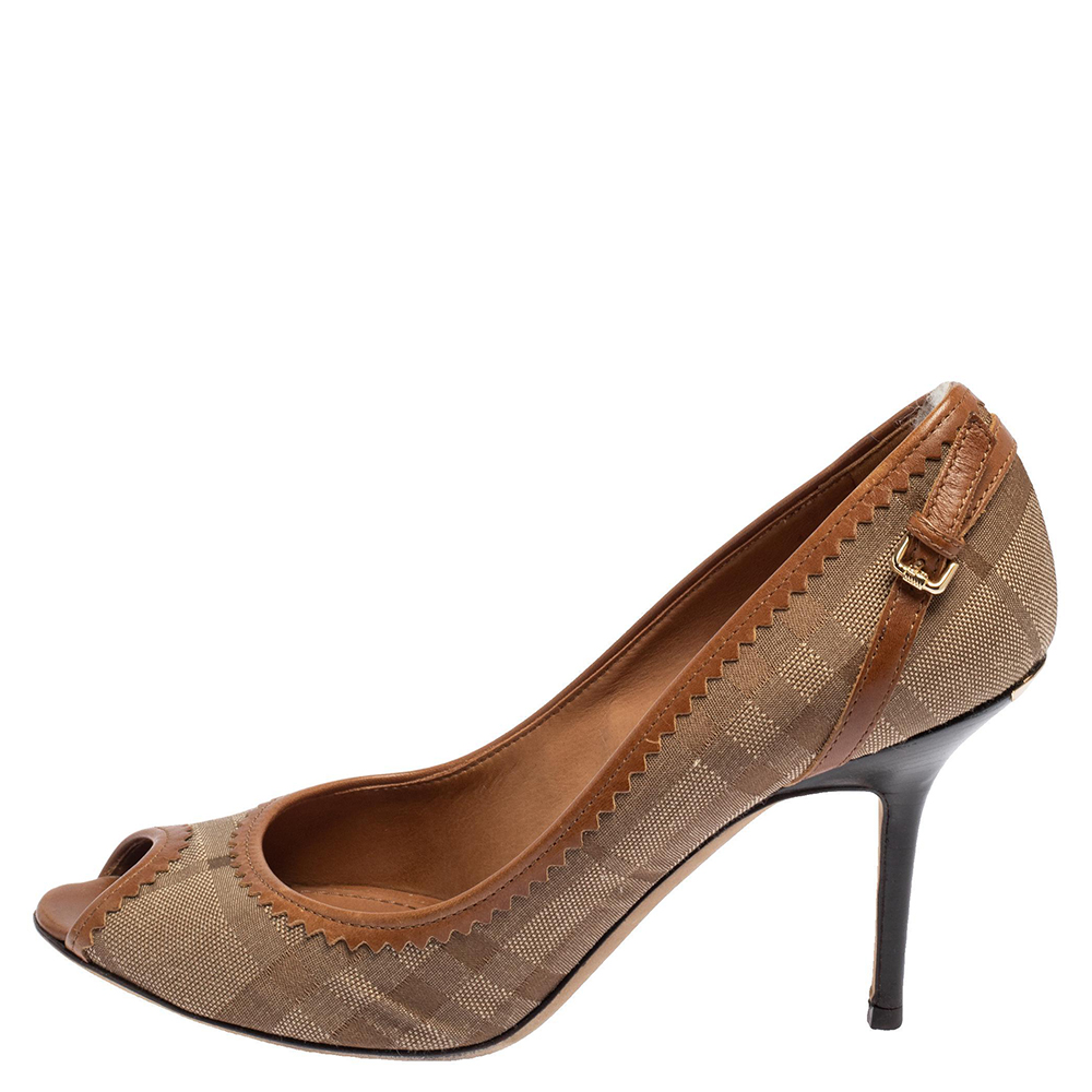 

Burberry Beige Check Canvas And Brown Leather Trim Peep Toe Pumps Size