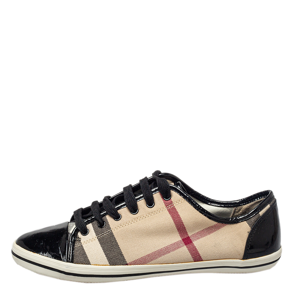 

Burberry Beige/Black Novacheck Canvas And Patent Leather Cap Toe Low Top Sneakers Size