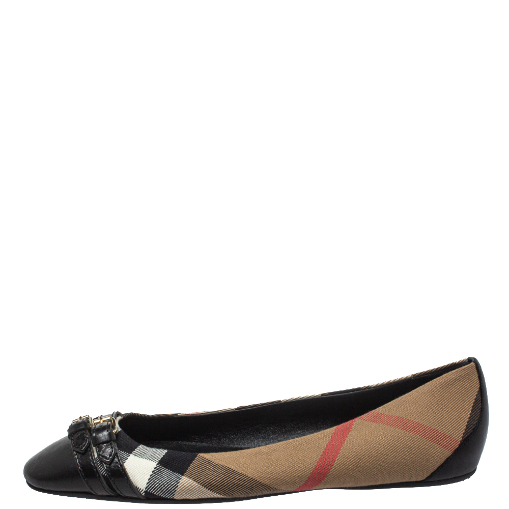 

Burberry Multicolor Leather And Canvas Buckle Detail Ballet Flats Size