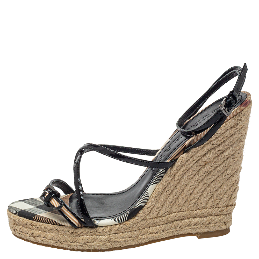 

Burberry Black Canvas And Patent Leather Wedge Sandals Size