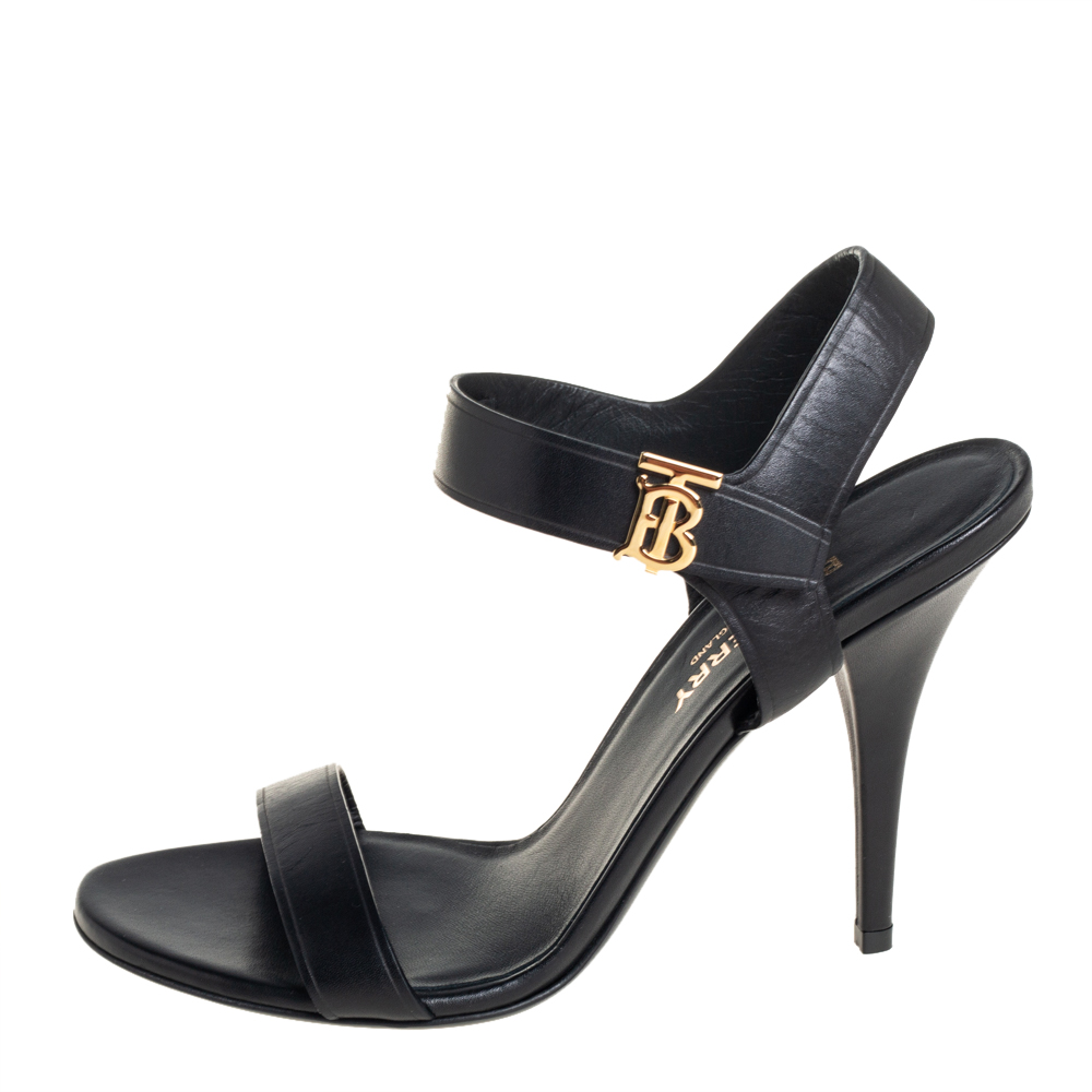 

Burberry Black Leather Motif Ankle Strap Sandals Size