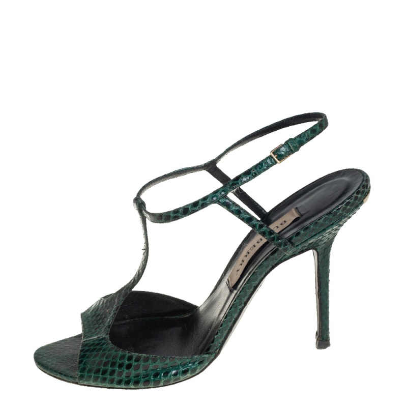 

Burberry Green Python Leather T-Strap Sandals Size
