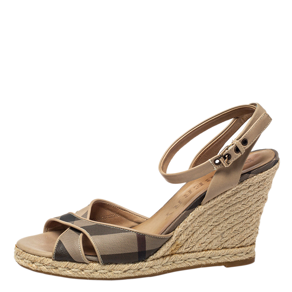 

Burberry Beige/Black Coated Canvas And Leather Ankle Strap Espadrille Wedges Sandals Size