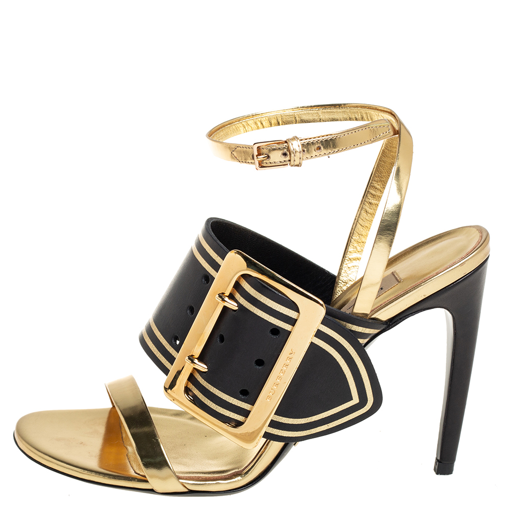 

Burberry Black/Gold Leather Buckle Padstow Festive Ankle Strap Sandals Size