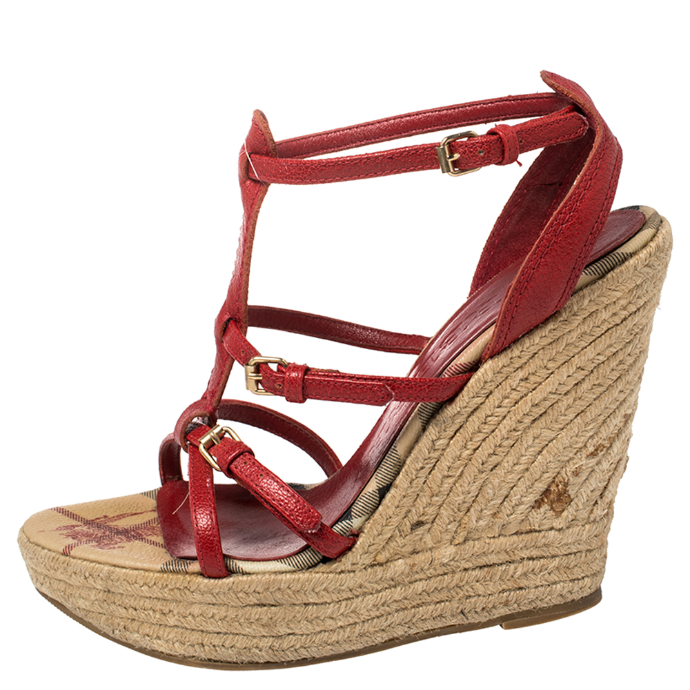 

Burberry Red Leather Espadrille Wedge Ankle Strap Sandals Size