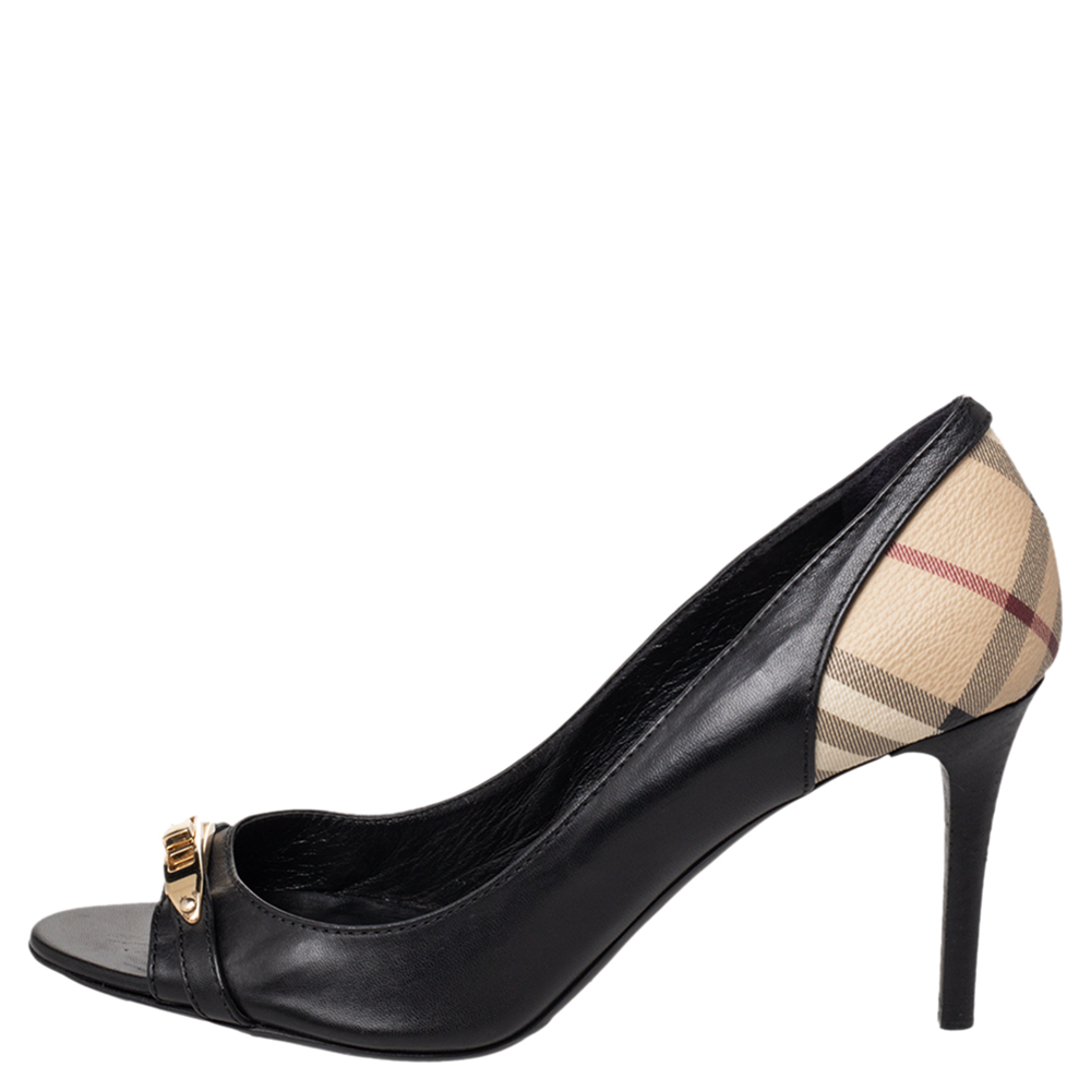 

Burberry Black Leather And Check Coated Canvas Embellished Open Toe Pumps Size