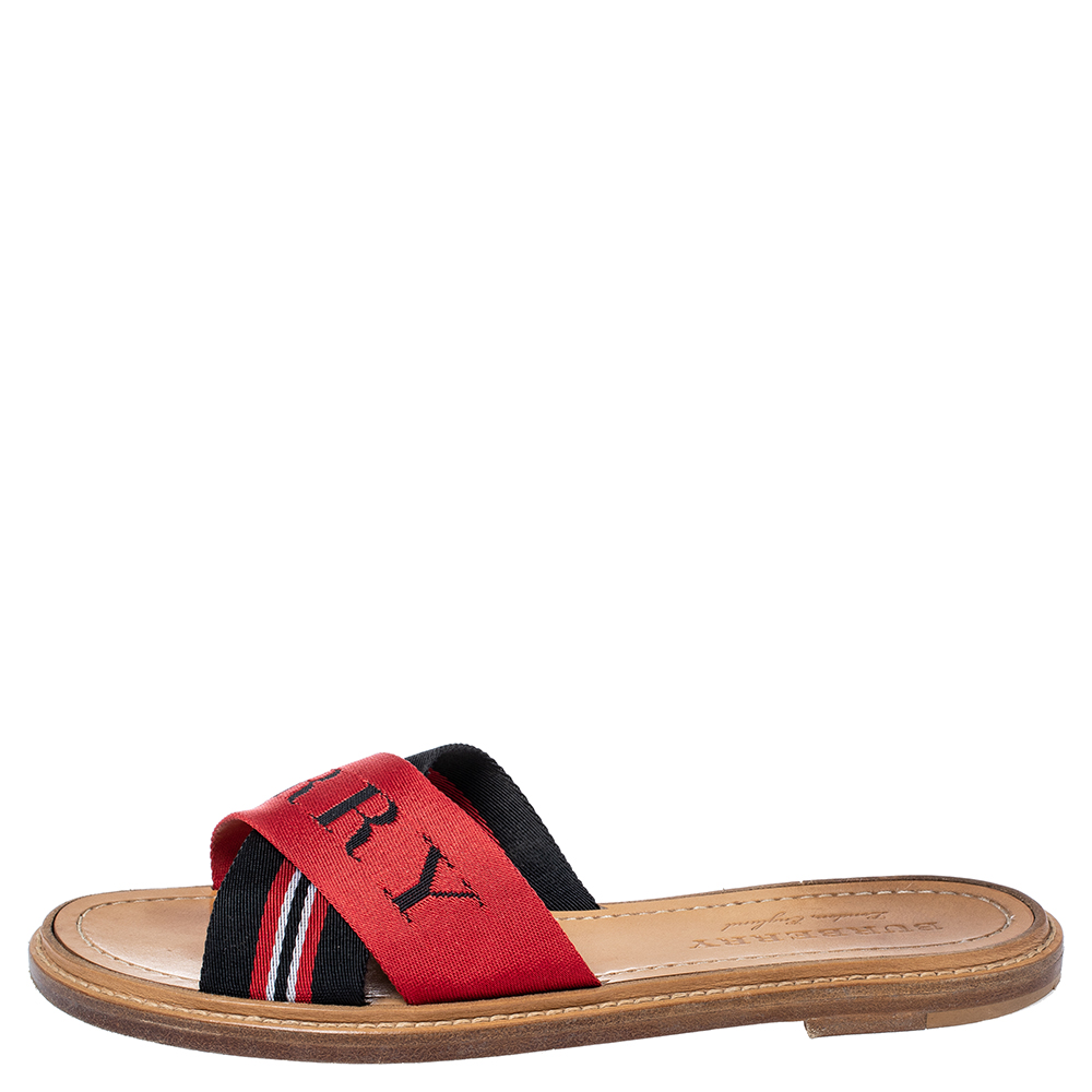

Burberry Red/Black Canvas Foley Logo Stripe Crisscross Slide Sandals Size