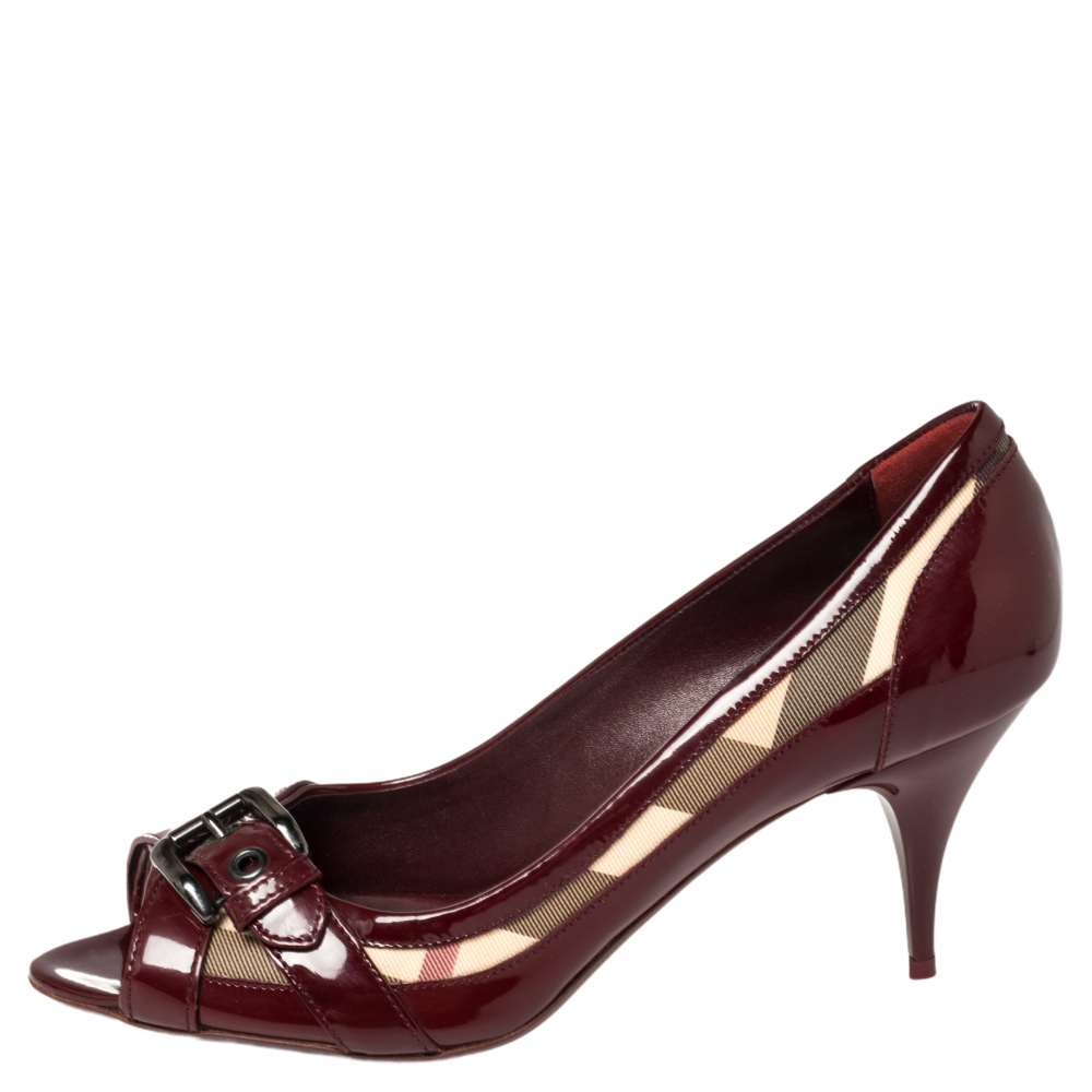

Burberry Burgundy Patent Leather And Nova Check Canvas Buckle Detail Peep Toe Pumps Size