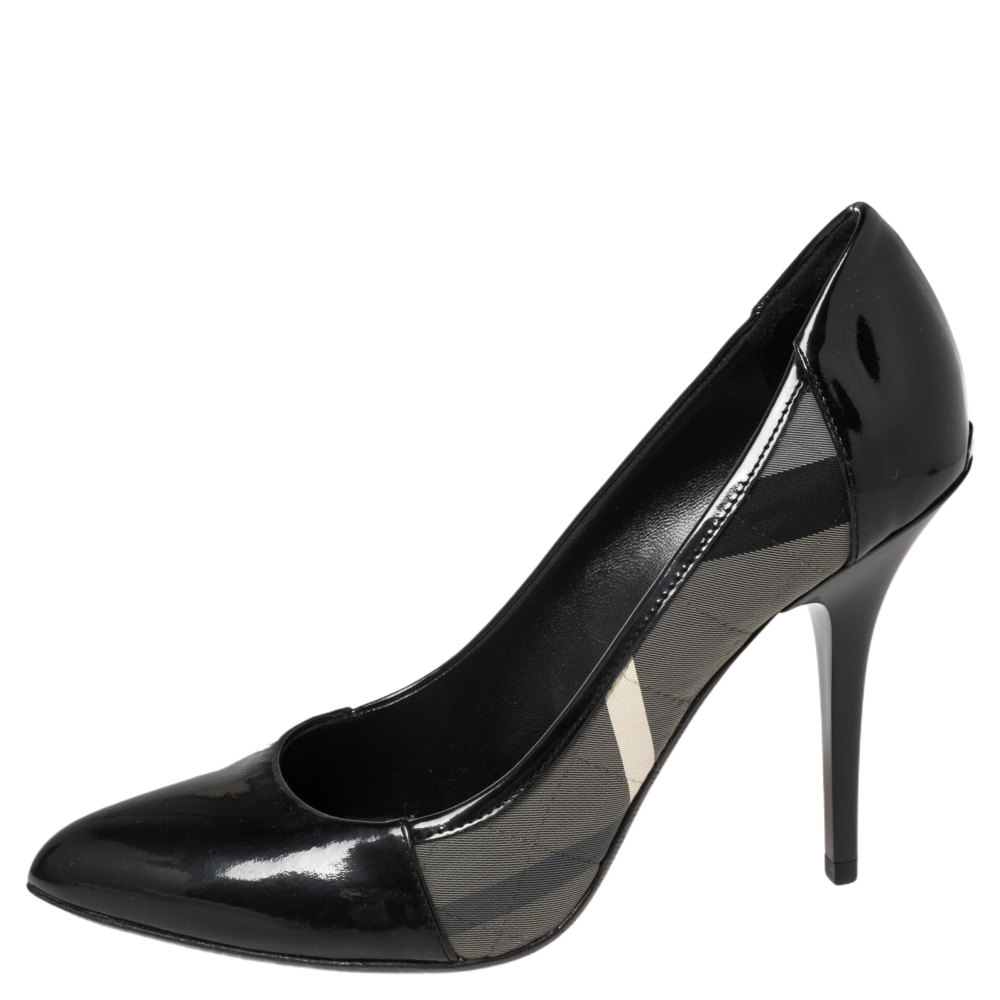 

Burberry Black Nova Check Fabric And Patent Leather Pointed Toe Pumps Size