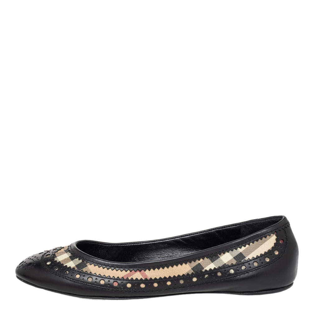 

Burberry Black Brogue Leather And Haymarket Coated Canvas Tudor Flats Size