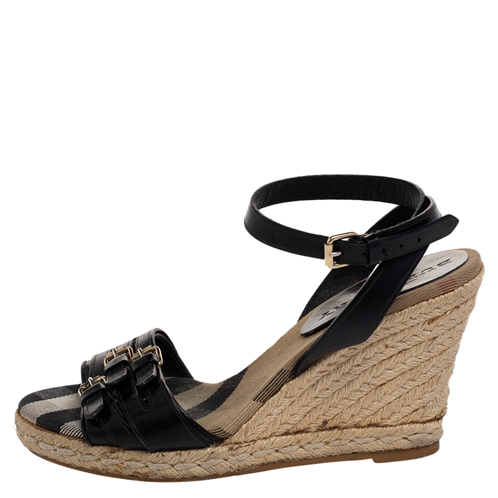 

Burberry Black Leather Espadrille Wedge Sandals Size